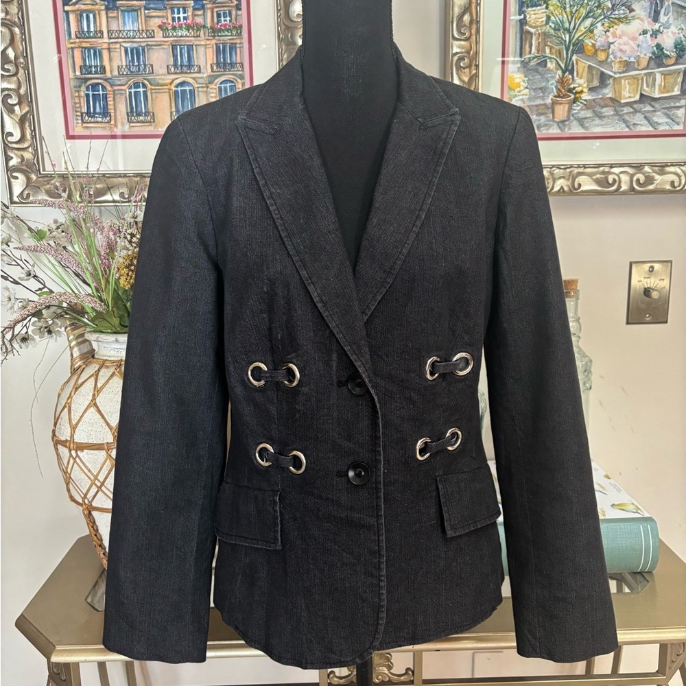 AZUR BLACK DENIM TAILORED MILITARY STYLE WESTERN COWBOY CHIC BLAZER JACKET SZ L